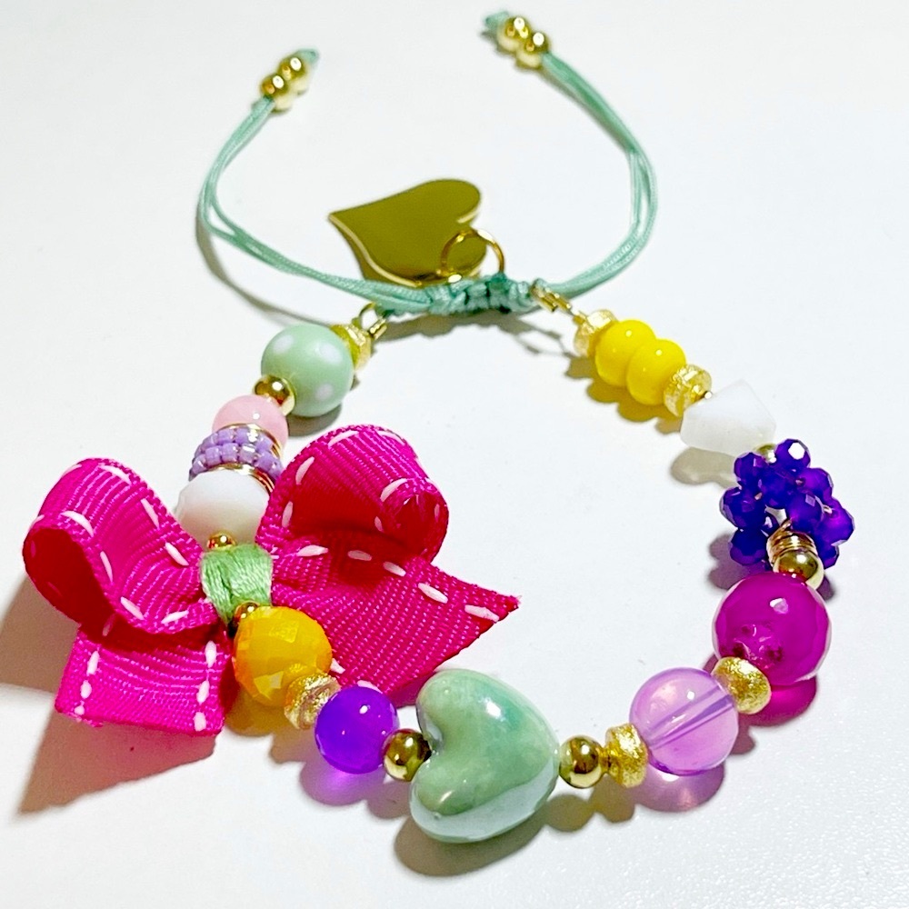 Pink and Yellow Beaded Bracelet with Bow Accent